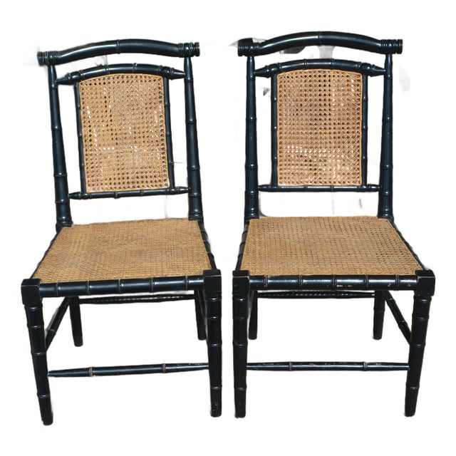 Pair Black Bamboo & Cane Colonial Noir Side / Dining Chairs For Sale
