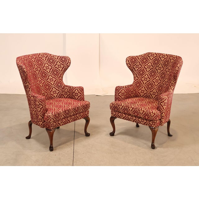 High Quality American Made Vintage Pair of Custom Upholstered Wood Frame Wingback Armchairs