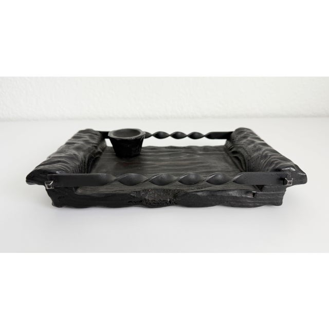 Brutalist style 1960s valet tray by Lobeco Spain featuring a rustic textured oak finish, wrought iron side rails with...