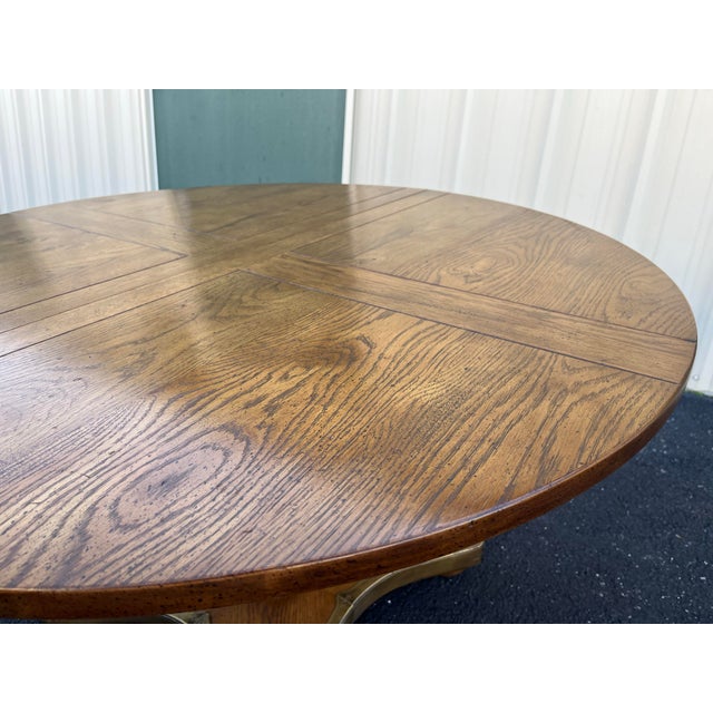 1960s Henredon Round Oak Pedestal Game Table With Brass Accents For Sale - Image 9 of 12