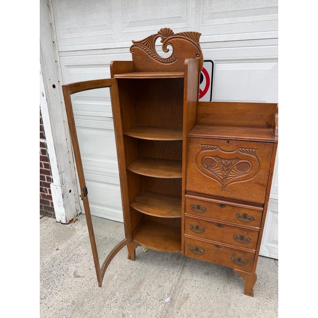 Wood Antique Victorian Art Nouveau Oak Combination Secretary Desk and Curved Glass Bookcase With Ornate Carved Details For Sale - Image 7 of 12