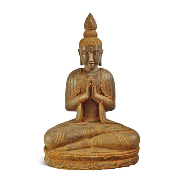 2010s Rust Stone Sitting Garden Buddha Statue For Sale - Image 5 of 5