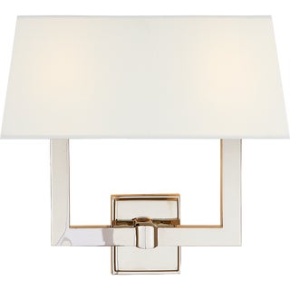 Chapman & Myers for Visual Comfort Signature Square Tube Double Sconce in Polished Nickel with Linen Shade For Sale