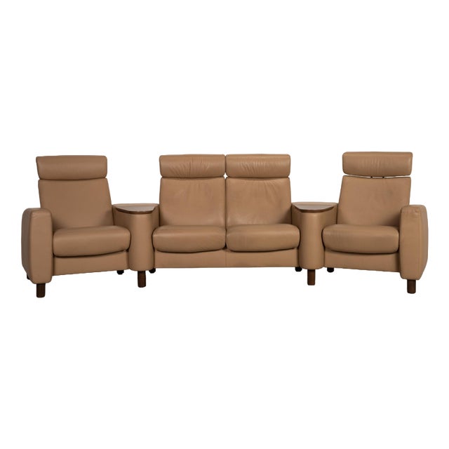 Arion Leather Sofa Beige Four Seater Couch from Stressless For Sale