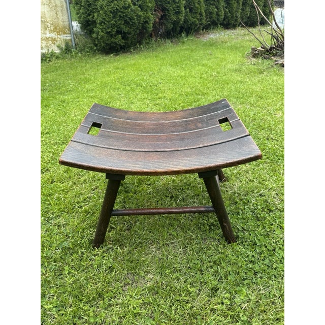 Arts & Crafts Mid-Century Arts & Crafts Solid Oak Wood Bench Stool Curved Seat Rustic For Sale - Image 3 of 17
