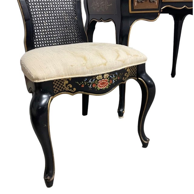 Early 20th Century Chinoiserie-Style Black Lacquer Harpsichord Desk and Matching Cane Back Chair. For Sale - Image 9 of 9