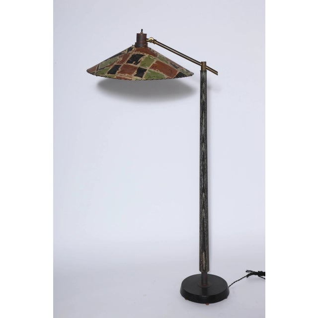 Tapered Ebonized Limed Oak and Brass Adjustable Reading Floor Lamp with Camouflage Parchment Shade in the manner of Max...