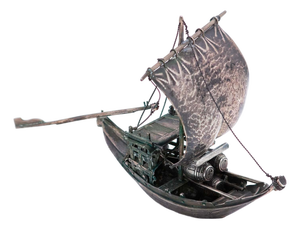 Silver Rabelo Boat Miniature with Hammered Sail, Removable Barrels and Oars