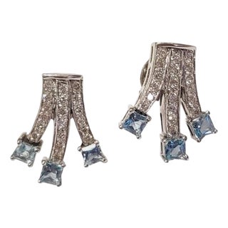 Set in 18k White Gold, 1.82 Carats, Natural Aquamarine & Diamonds Stud Earrings, Pair For Sale