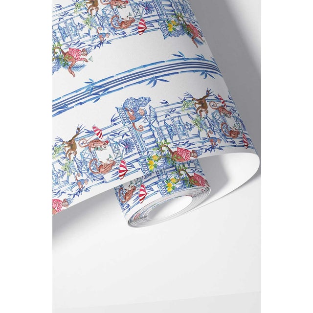 Chinoiserie Shenanigans Toile Grasscloth Wallpaper by House Party | Azure Blue | 6 Yards For Sale - Image 9 of 9