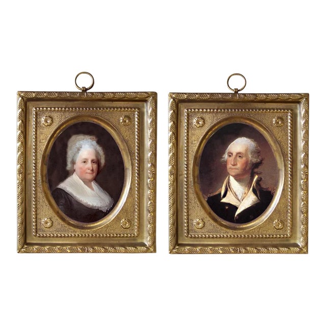 George and Martha Washington Reproduction Prints in Embossed Brass Frames - a Pair For Sale