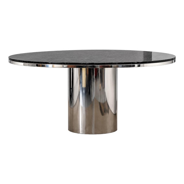 1970s Brueton Anello Black Granite and Stainless Steel Pedestal Round Dining Table For Sale