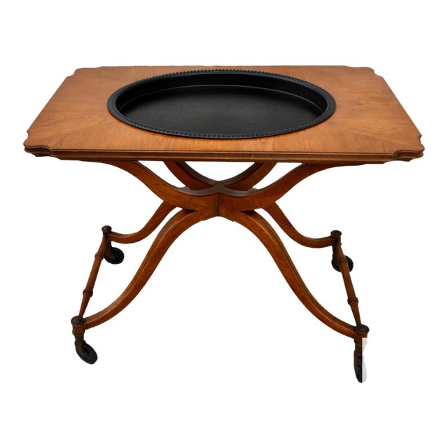 Fruitwood Serving Cart Mid Century Modern Removable Tray Rolling Bar Table 60s For Sale