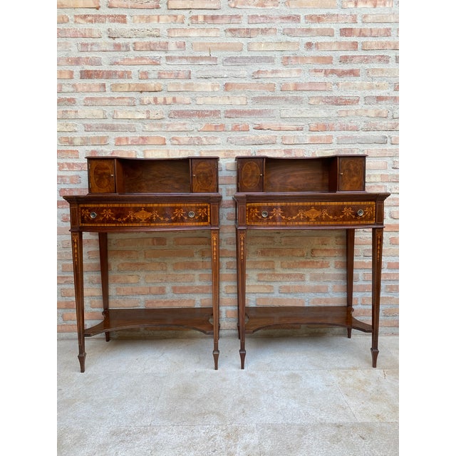1940s Pair of Neoclassical Marquetry Bedside Tables With Drawers and Upper Compartment For Sale - Image 12 of 18