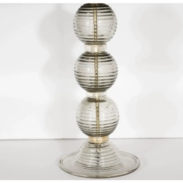 Art Deco Art Deco Table Lamps -- Pair of 1930s Art Deco Handblown Ribbed & Smoked Glass Table Lamps With Brass Fittings For Sale - Image 3 of 8