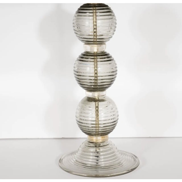 Art Deco Pair of 1930s Art Deco Handblown Ribbed & Smoked Glass Table Lamps With Brass Fittings For Sale - Image 3 of 3