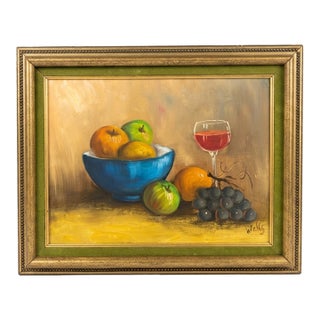 Framed Fruit & Wine Still Life Painting For Sale