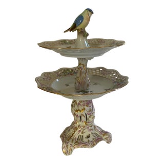 1960s Herend Rothschild Bird 2-Tier Openwork Porcelain Cake Stand Figural Bird Finial Model 7442 For Sale