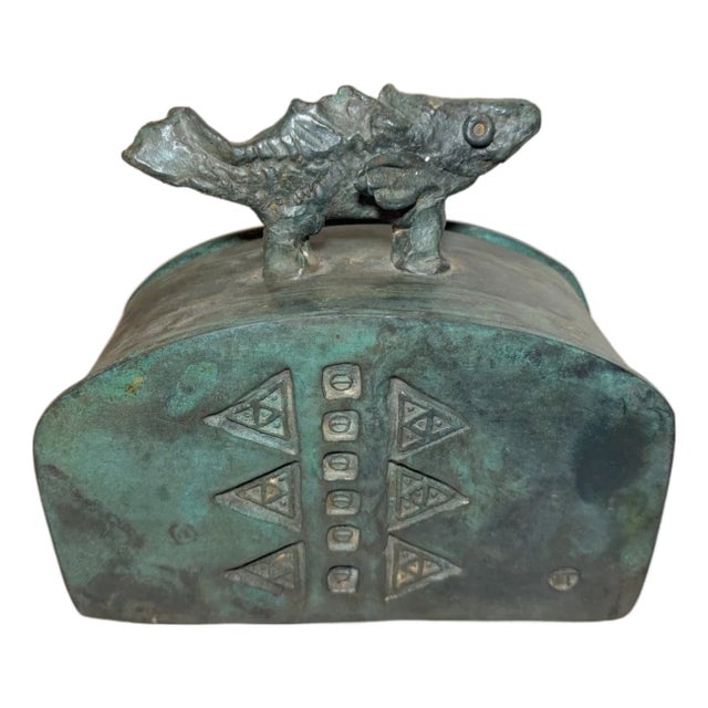 Share Large Antique Patinated Bronze Modernist Sculpture Figural Fish Dresser Box For Sale