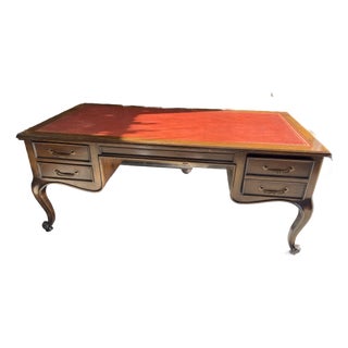 Late 20th Century Large Leather Top Walnut Desk Louis XV Style For Sale