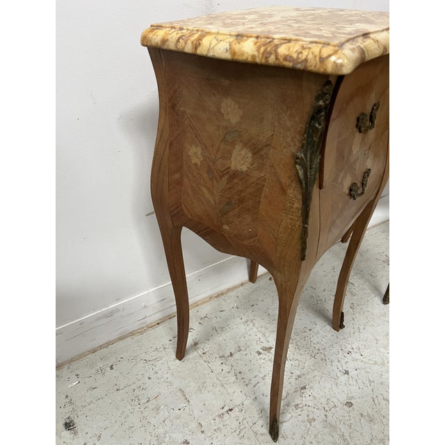 Louis XV Style Marquetry Bedside Tables with Marble Tops, Set of 2 For Sale - Image 10 of 12