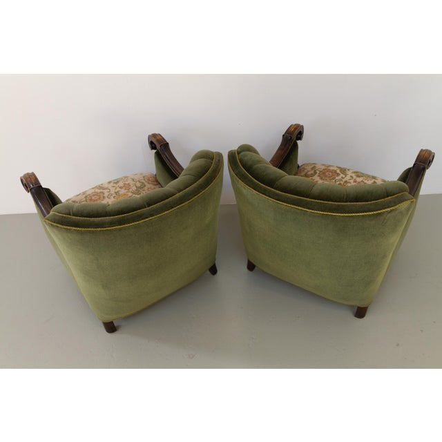 Danish Carved Lounge Chairs in Green Velvet, 1920s, Set of 2 For Sale - Image 6 of 18