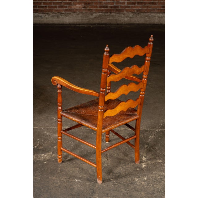 Brown Set of Seven Mid-Century French Country Ladder Back Chairs With Rush Seats For Sale - Image 8 of 9