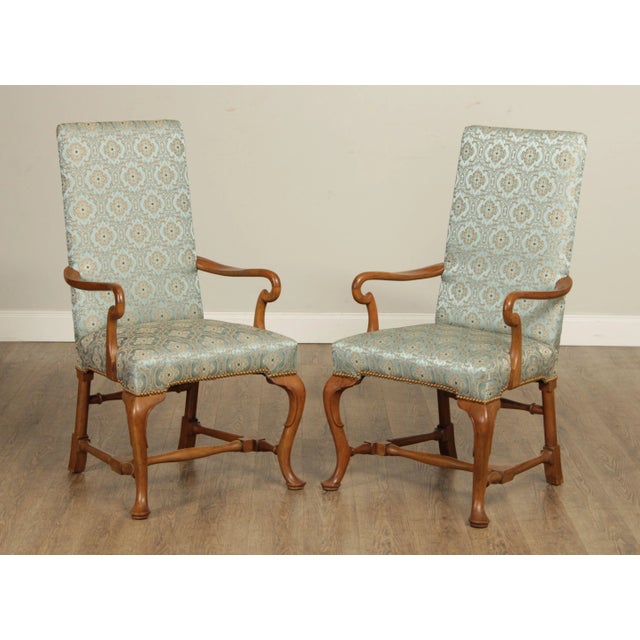 High Quality American Made Solid Wood Frame Pair of High Back Armchairs with Shepherd's Crook Arms and Custom Damask...