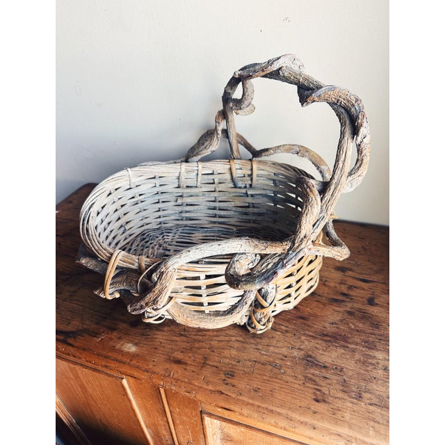 Oyster Gray Vintage Twig Handle Basket Woven Oval For Sale - Image 8 of 12