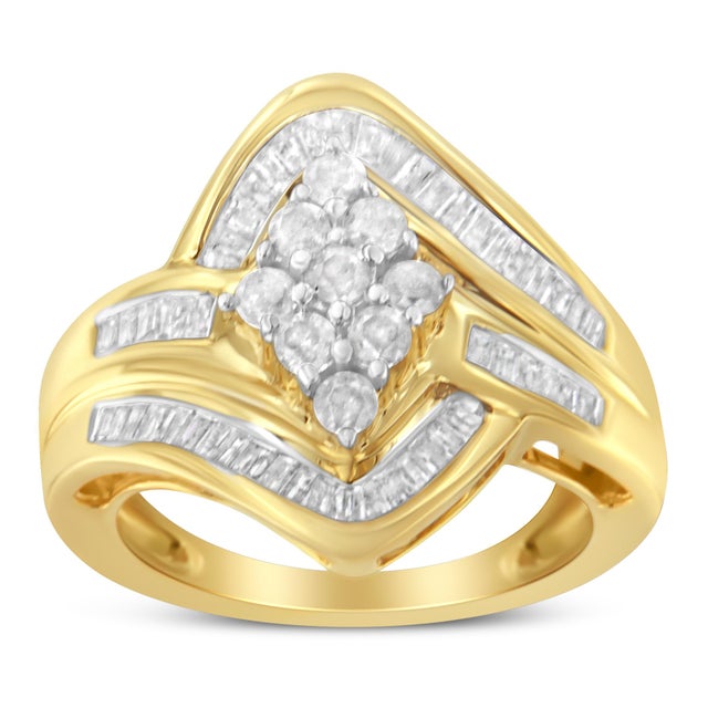 10K Yellow Gold over .925 Sterling Silver Diamond Bypass Cluster Ring (1 Cttw, I-J Color, I2-I3 Clarity) - Size 6-1/2 For Sale - Image 4 of 7