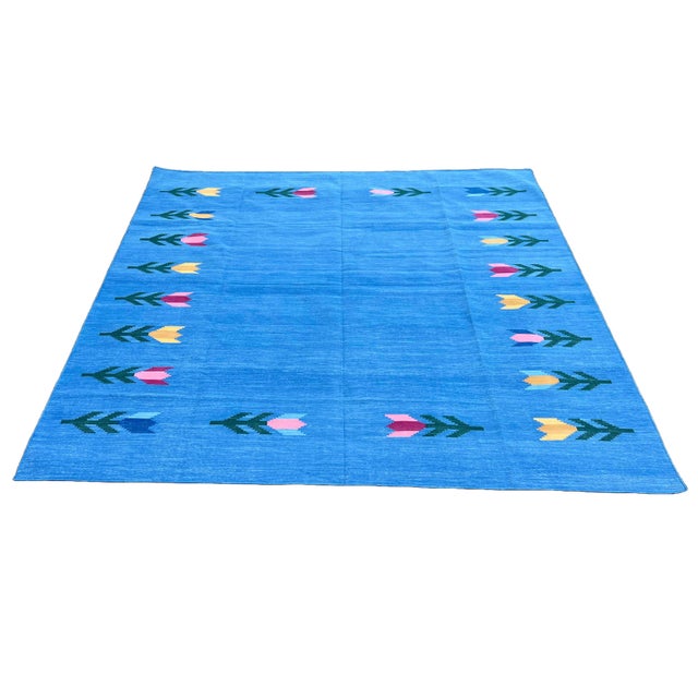 Handmade Cotton Rug, Natural Vegetable Dyed Sky Blue Leaf Pattern Rug Dhurrie - 8'x8' For Sale - Image 9 of 11