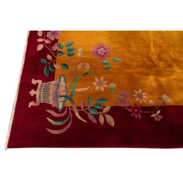 1920s Antique Godenrod Art Deco Chinese Wool Rug 8 Ft 8 in X 11 Ft 5 In. For Sale - Image 5 of 13