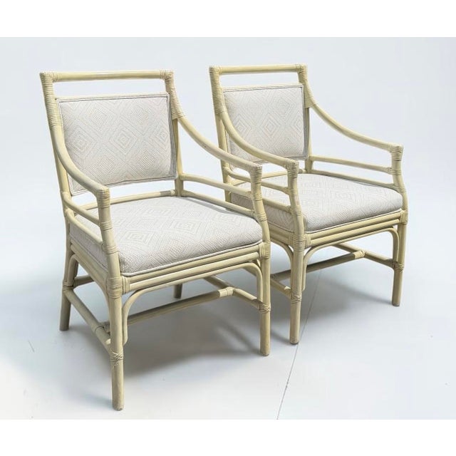 English Vintage Target Back Rattan Armchairs With Custom Geometric Upholstery For Sale - Image 3 of 11
