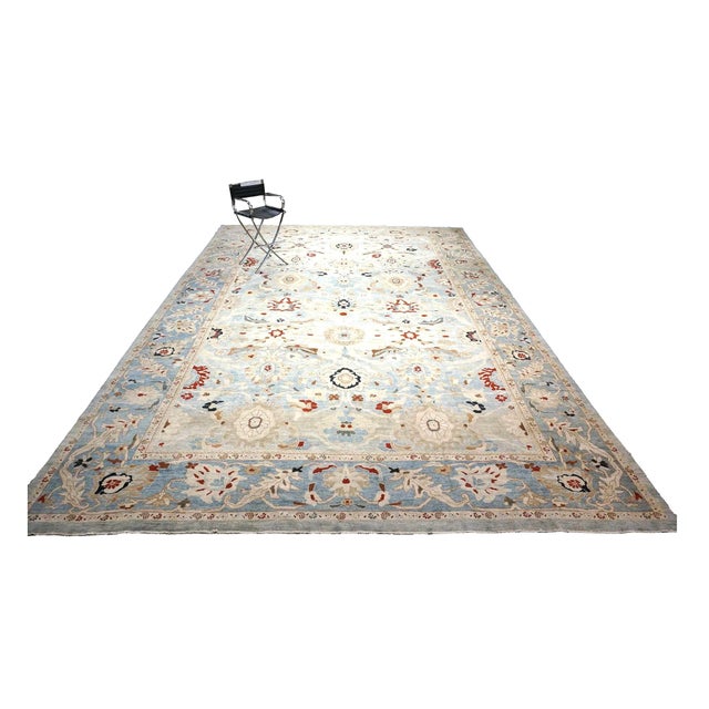Early 21st Century Persian Sultanabad Wool 14 X 20 Light Blue & Teal With Rust Oversized Rug #1140199 For Sale - Image 5 of 10