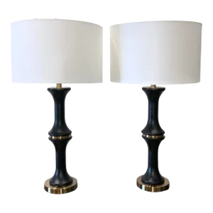 Large Scale Black and Brass Bamboo Metal Table Lamps Pair