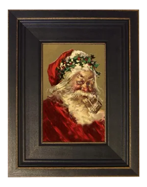 Santa With Corncob Pipe Framed Oil Painting Print on Canvas in Distressed Black Wood Frame