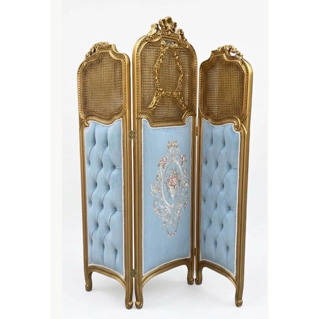 French Vintage French Louis XV Style Three-Panel Screen in Gold Leaf Room Divider For Sale - Image 3 of 4