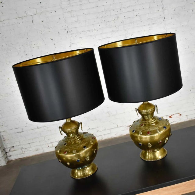 Mid 20th Century Mid 20th Century Tibetan Brass Lamps Hand Hammered With Glass Jewel Detail & New Black Shades, a Pair For Sale - Image 5 of 14
