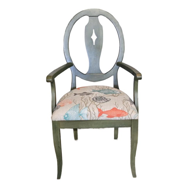 Ethan Allen Open Arm Chair Green Painted Wood Ocean Print Fabric Fish & Starfish For Sale
