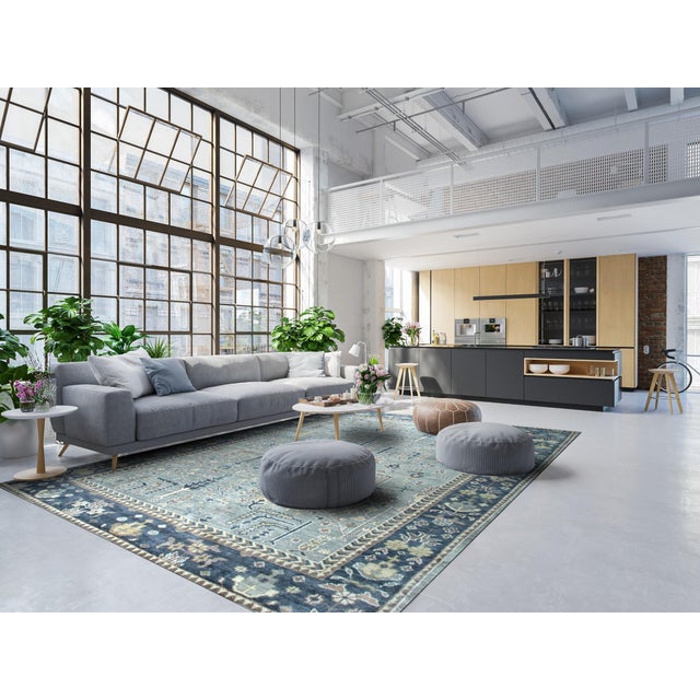 10x14 Oushak Blue Traditional Geometric Hand Knotted Wool Carpet Rug For Sale In New York - Image 6 of 6