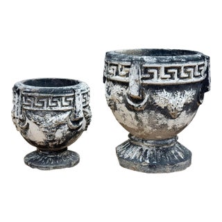 Vintage Greek Key and Grape Motif Concrete Planter Pair For Sale