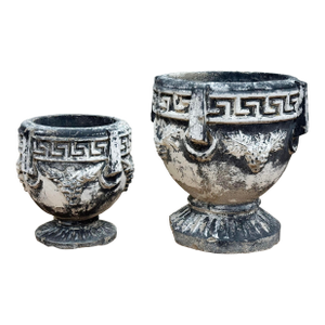 Vintage Greek Key and Grape Motif Concrete Planter Pair