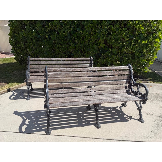Vintage Cast Aluminum & Oak Garden Benches, Pair For Sale - Image 4 of 12