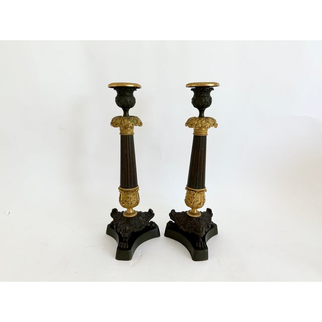 Metal 19th C French Charles X Gilt & Patinated Bronze Candlesticks - A Pair For Sale - Image 7 of 14