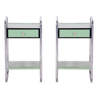 Bauhaus Side Tables in Chrome-Plated Steel and Wood, Czech, 1930s, Set of 2 For Sale