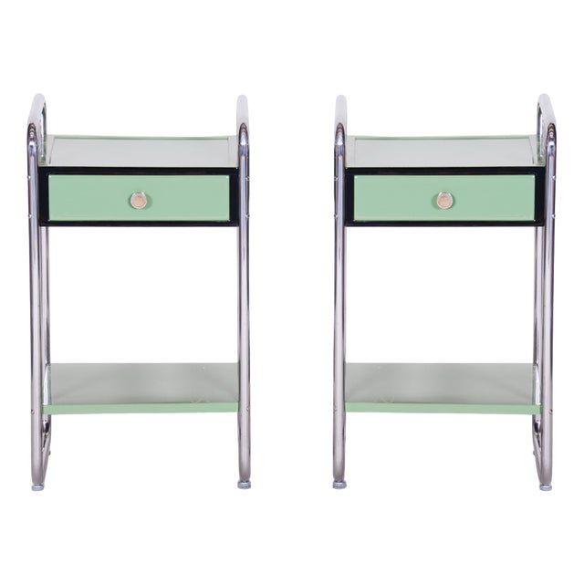Bauhaus Side Tables in Chrome-Plated Steel and Wood, Czech, 1930s, Set of 2 For Sale