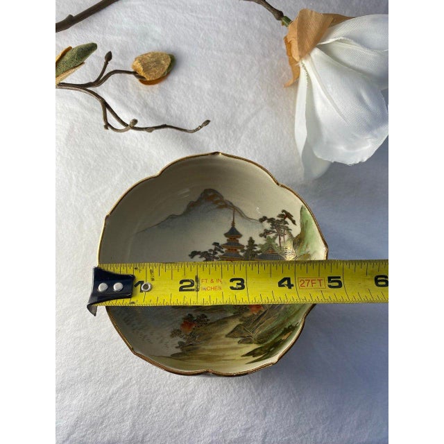Meiji Period Japanese Satsuma Lotus-Form Bowl, C. 1890–1910, Hand-Painted Landscape & Moriage Gilt For Sale - Image 10 of 11