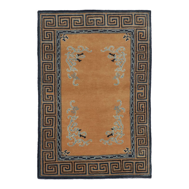 Rug & Kilim’s Chinese Art Deco Inspired Rug, Brown With Greek Key Border For Sale