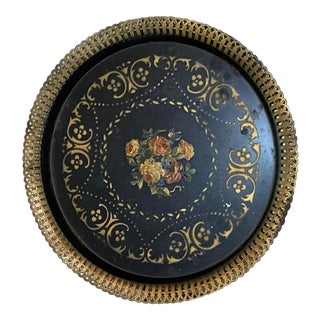 Vintage Tole-Style Round Black Metal Tray For Sale
