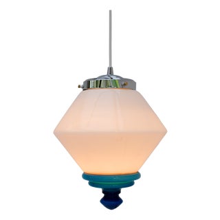 Scandinavian Art Deco Milk Glass Pendant Light with Azure Blue Details, 1930s For Sale
